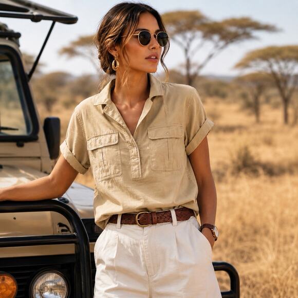 Tuckernuck Tops - Tuckernuck Khaki Scottie shirt Beige Utility Safari Popover Top Pockets Boxy S